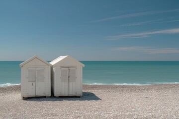 two lovely white beach huts on the beach with blue sky and ocean