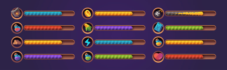 Game health bar. UI asset for video game, energy indicator for mobile web and desktop, potion and heals indicator, wealth and energy bar. Vector colorful set of game bar interface design illustration - obrazy, fototapety, plakaty