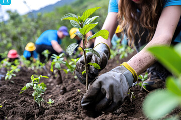 Fotografía de voluntarios plantando árboles en zonas deforestadas para luchar contra la deforestación, la tala masiva y el cambio climático