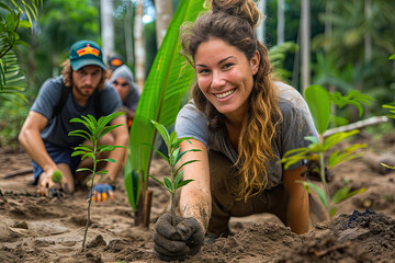 Fotografía de voluntarios plantando árboles en zonas deforestadas para luchar contra la deforestación, la tala masiva y el cambio climático - obrazy, fototapety, plakaty