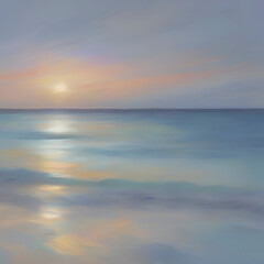 Fototapeta premium The beach at sunset. Pastel colors in impressionist style. Beach illustration. 