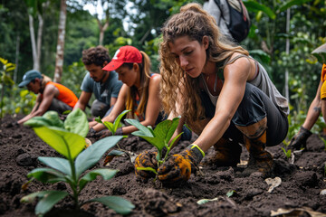 Fotografía de voluntarios plantando árboles en zonas deforestadas para luchar contra la deforestación, la tala masiva y el cambio climático - obrazy, fototapety, plakaty