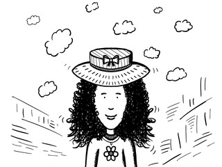 black and white illustration of a young girl outdoors, wearing a lovely hat adorned with a bow