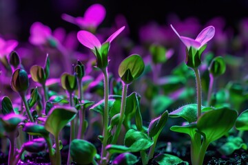 Sunflower sprouts illuminated with neon purple light