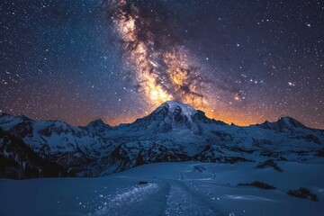 Stars, night sky and snow capped mountains