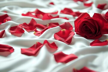 Red rose petals scattered on a white silk sheet creat ing a sensual and romantic backdrop symbolizing passion and love in an intimate setting
