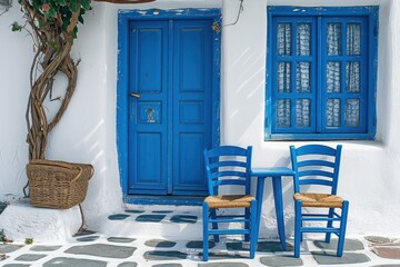 Fototapeta na wymiar Chairs Outside House, Mykonos Town, Mykonos, Cyclades Islands,