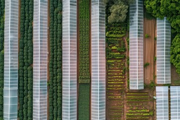 Aerial view of greenhouse in a farmland in countryside, Capaccio, Paestum, Campania, .