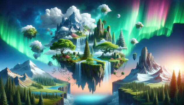 Mystical Sky Islands: Surreal Floating Ecosystems with Aurora Borealis