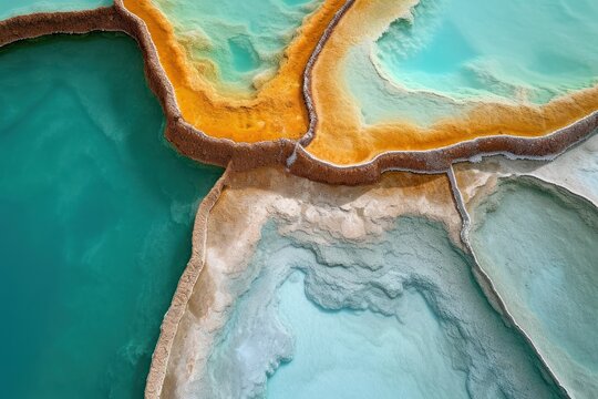 Abstract aerial drone photo of colorful lithium mining evaporation ponds