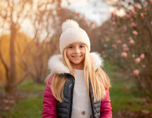 nature scene with cute girl wearing fluffy hat and jacket