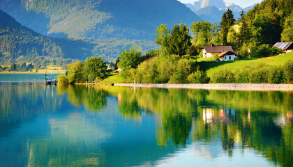 Obraz premium nature scene with reflection - lake wolfgangsee, the land fin