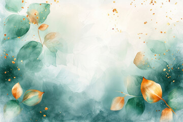 Fototapeta na wymiar Abstract background watercolor with green leaves decorative gold drops.