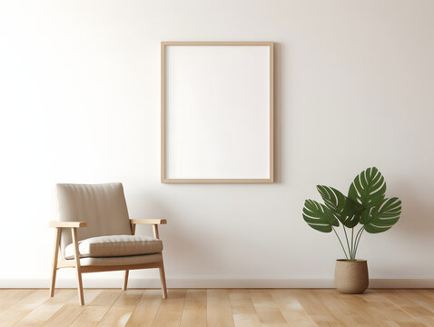 3D empty blank frame mockup with a chair in front of the wall