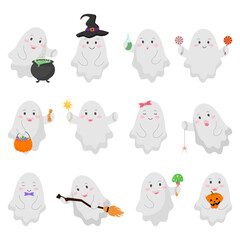 Set of cute funny happy ghosts. Halloween ghosts. Vector illustration.