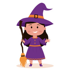 Cute little witch with a magic broom. Vector illustration.