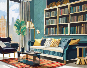 New york premium luxury living room apartment with cozy aesthetic sofa and book shelf
