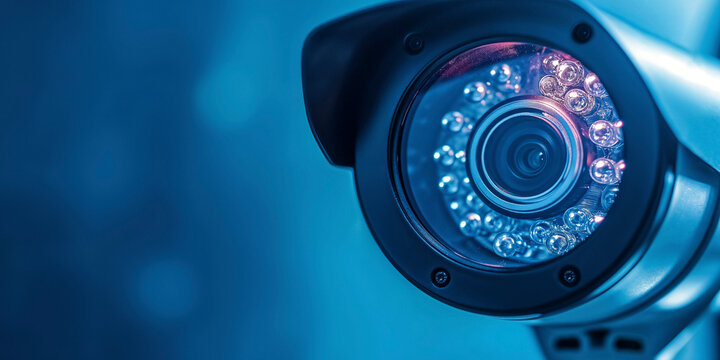 Close-up of a modern CCTV security camera with infrared night vision technology.