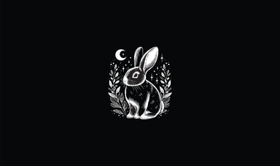 rabbit is sitting on black background, rabbit logo design