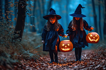 Halloween en Estados Unidos: Grupo de niños disfrazados divirtiéndose recogiendo golosinas en una noche oscura con calabaza terrorífica