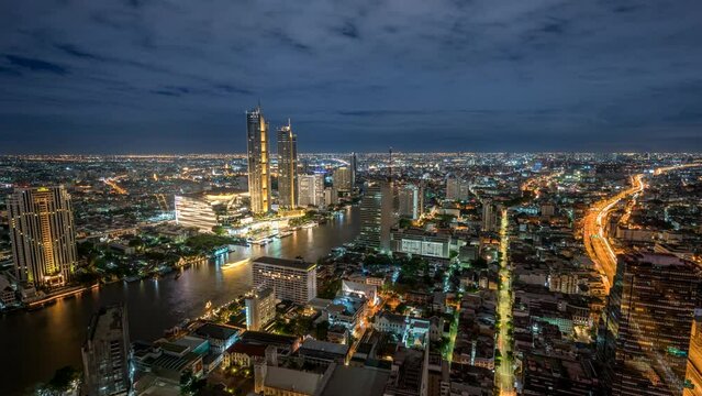Bangkok city skyline night timelapse at Chao Phraya River and Icon Siam, Thailand 4K time lapse
