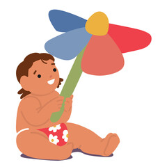 Baby Playing With Toy. Tiny Fingers Grasp A Plush Flower, Exploring Its Softness With Delight. Giggles Fill The Air