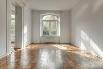 an empty living room with white walls and a window