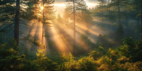 Sunlight streaming through trees, San Bernardino National Forest, California, USA