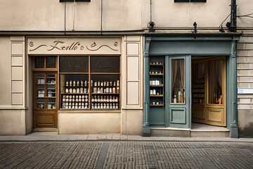 old french village facade , charming beige boutique storefront 
