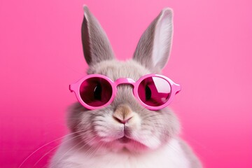rabbit portrait with pink glasses. banner with a strong pink background. Hare. Easter. Cute animal.