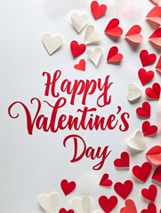 Paper hearts and "Happy Valentine's Day" message on white background