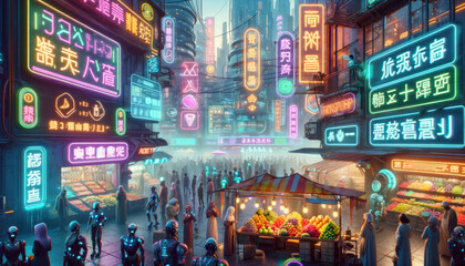 Cyberpunk City Marketplace: Neon-Lit Vendors Selling Exotic Fruits and Gadgets