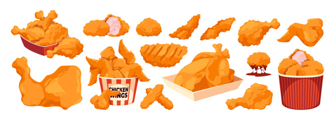 Cartoon chicken fast food. Delicious roasted whole chicken, tasty nugget and leg roasted snack, cafe takeaway and restaurant food. Vector isolated set of chicken meat delicious illustration