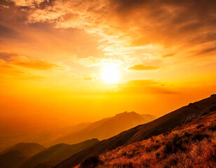Fototapeta premium Orange sky with bright sun symbolizing climate change and global warming