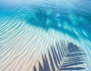palm leaf shadow on abstract transparent blue water wave from above, empty sunny beach background...