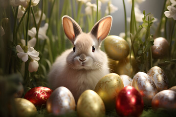 Fototapeta na wymiar Easter rabbit standing in grass with easter colored eggs on wooden background, light gold, and silver, 