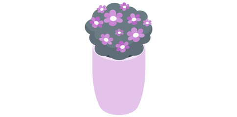 Plant Pot Flowers Isolated On White Background, Desktop Purple Flowers Vector Illustration.