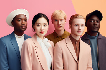 Obraz premium Stylish modern Caucasian and African young people standing together wearing fashionable outfits isolated in copy space background, equality advertisement concept, youngsters with different skin colors