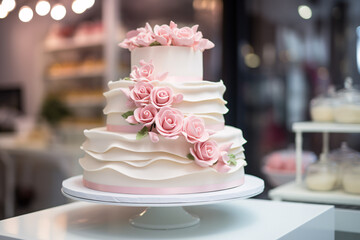 Obraz na płótnie Canvas Beautiful white and pink wedding cake decorated with rose flowers in pastry shop