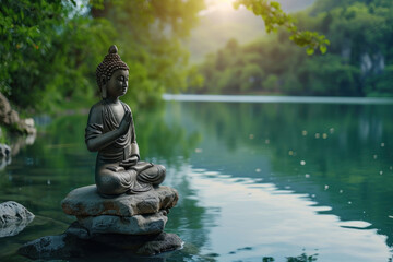 buddha statue in the garden with a lake