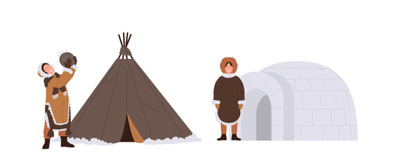 Eskimos family home set with happy woman cartoon characters standing nearby wigwam and igloo yurt © Iryna Petrenko