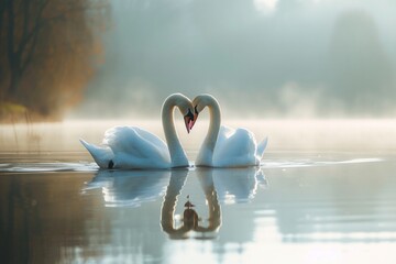 Two swans gracefully swimming together in a heart-shaped reflection on a serene lake embodying the elegance and unity of love in the natural world