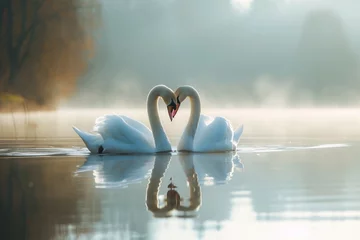 Foto op Aluminium Two swans gracefully swimming together in a heart-shaped reflection on a serene lake embodying the elegance and unity of love in the natural world © Teddy Bear