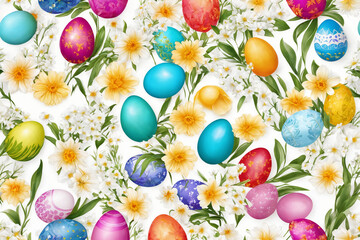 Fototapeta na wymiar Easter watercolor spring background. Top view composition. Easter card. Paper sheet with paintbrush, eggs and spring flowers on the white background. Generative Ai