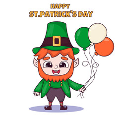 St. Patricks day leprechaun cute character holding a balloons in Ireland flag colors