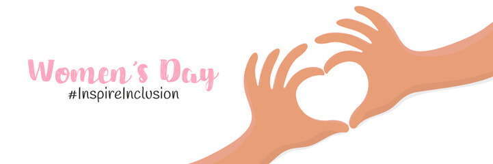 Inspireinclusion. Vector illustration. 2024 International Women's Day. a horizontal banner. Female hands with light skin in the shape of a heart. With an inscription on a white background.