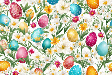 Fototapeta na wymiar Easter watercolor spring background. Top view composition. Easter card. Paper sheet with paintbrush, eggs and spring flowers on the white background. Generative Ai