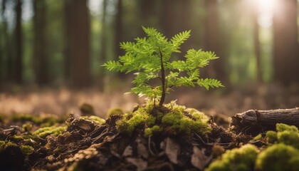 Fototapeta premium Young rowan tree seedling grow from old stump