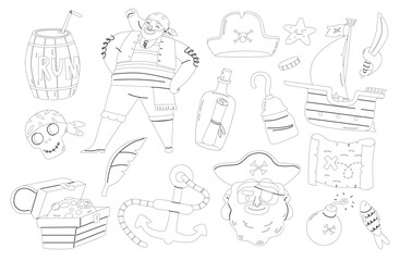 Pirate Items Monochrome Vector Linear Icons Set. Starfish, Tricorn Hat, Eyepatch, Map, And A Chest Filled With Coins