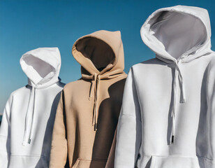 Three hoodies in white and beige colors. Fashion outfit, casual youth style, sports. Stylish autumn or spring clothes.